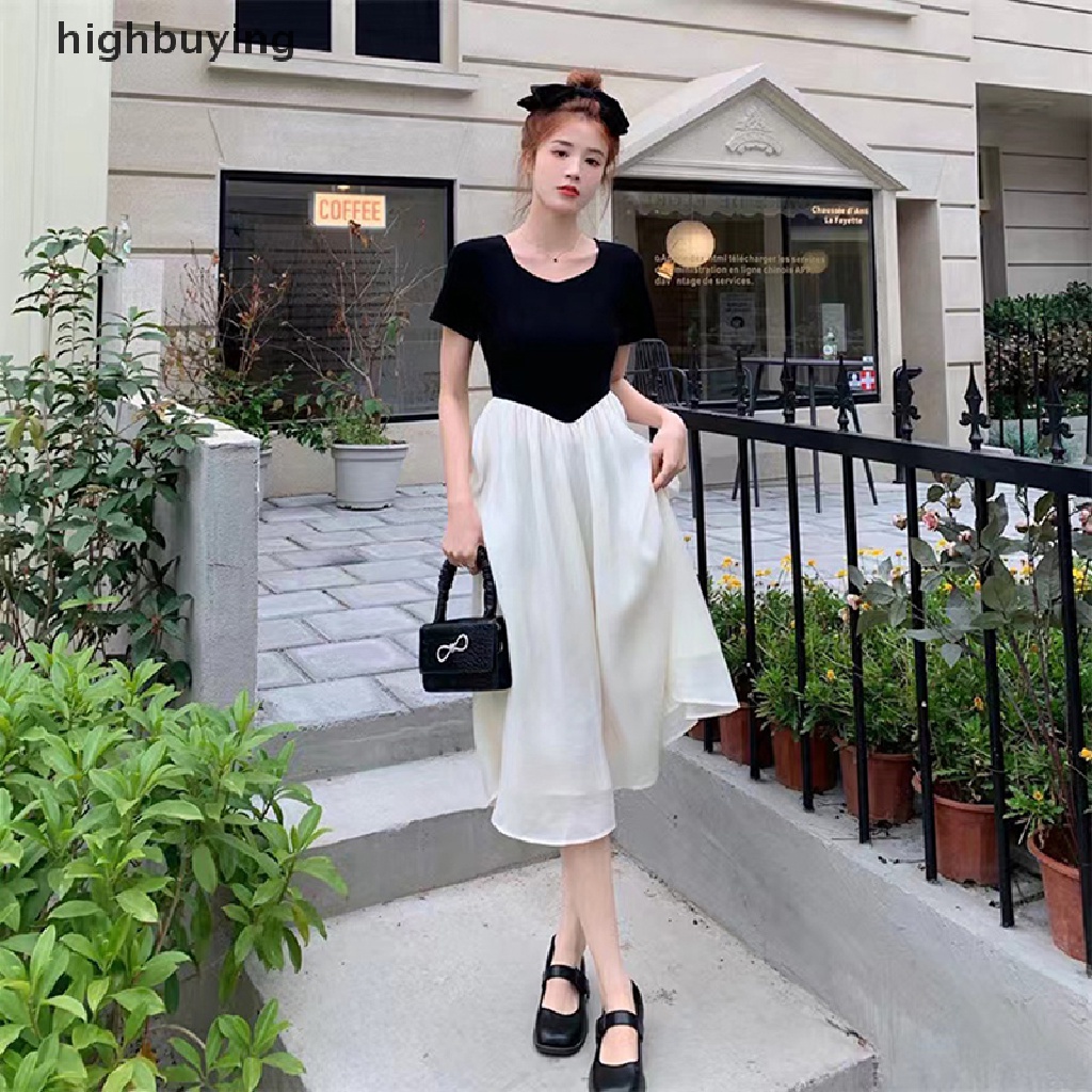 Đầm Midi Tay Ngắn Eo Cao Thời Trang Mùa Hè Hàn Quốc 2023 Cho Nữ