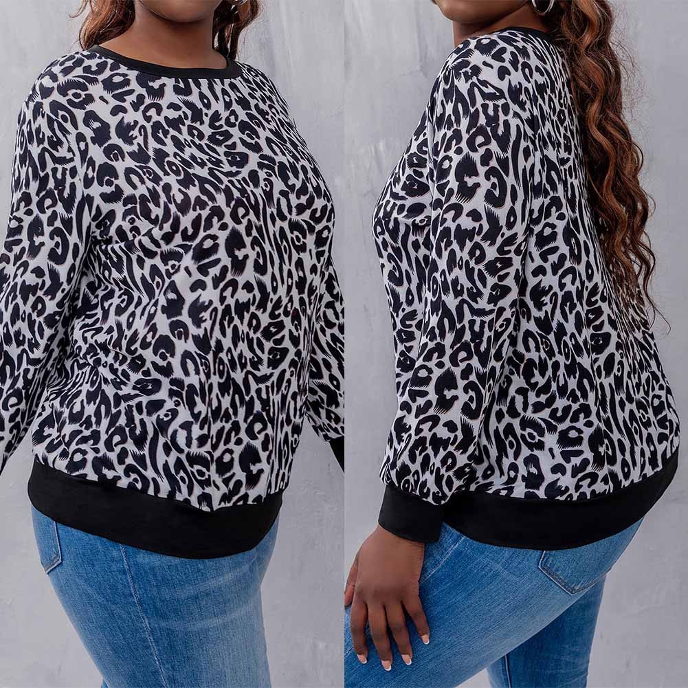 Áo Thun Nữ Cổ Tròn Dài Tay In Họa Tiết Da Báo Plus Size MM0411