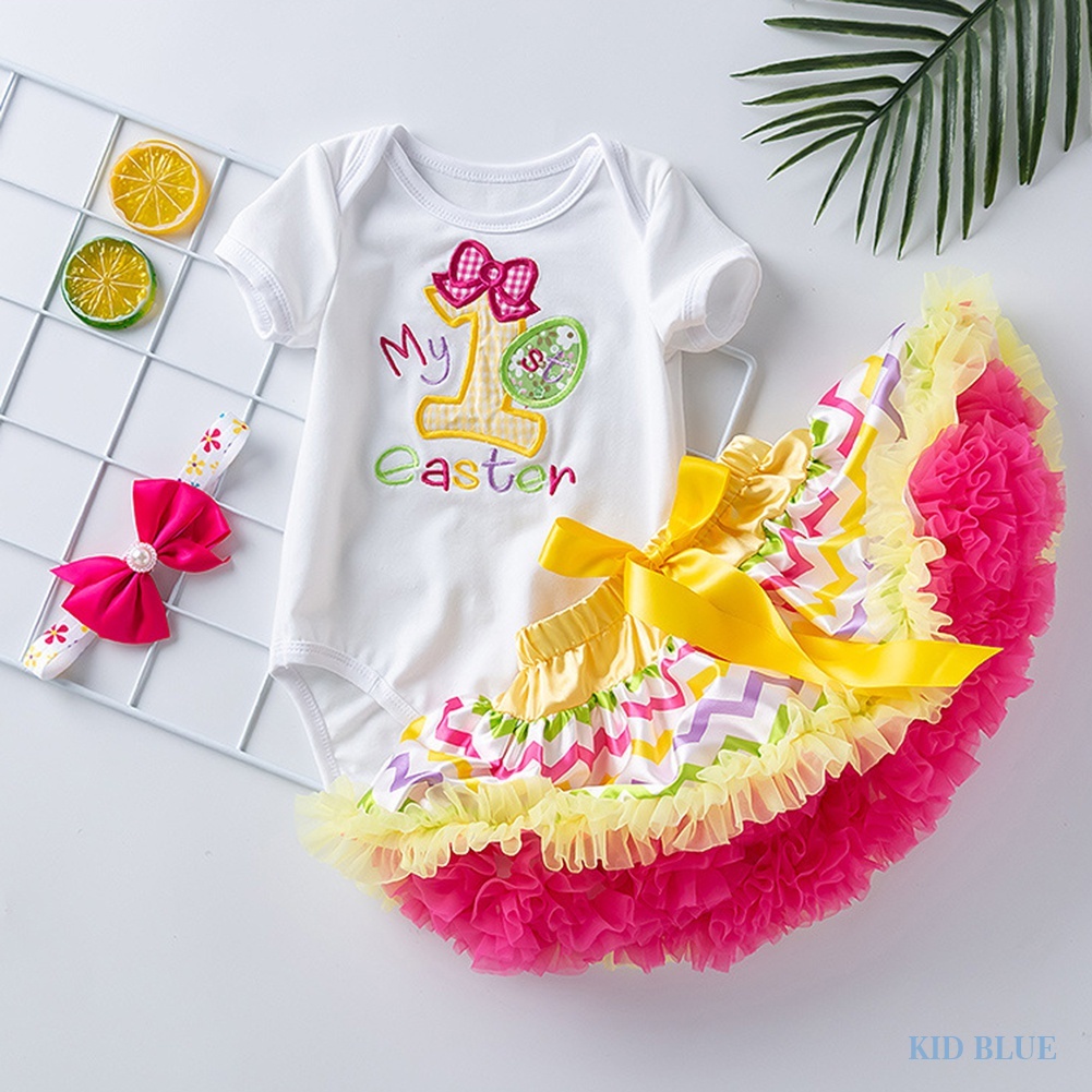 Bộ Áo Liền Quần Kèm Băng Đô Thêu Họa Tiết Trứng Phục Sinh Thời Trang Cho Bé Gái