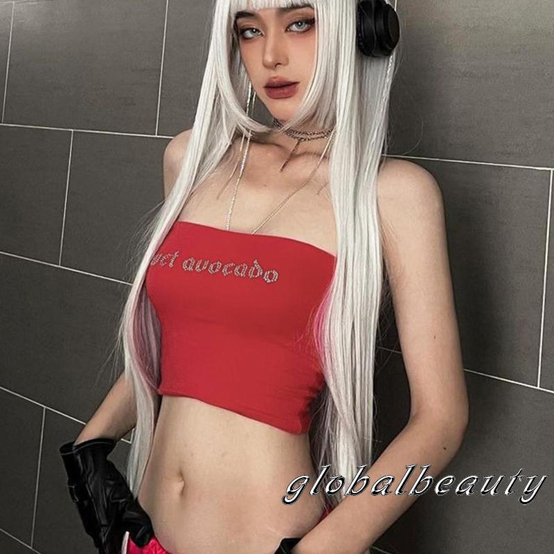 Áo Croptop Trễ Vai Không Dây Co Giãn Đính Đá In Chữ Phong Cách Đường Phố Thời Trang Mùa Hè Cho Nữ