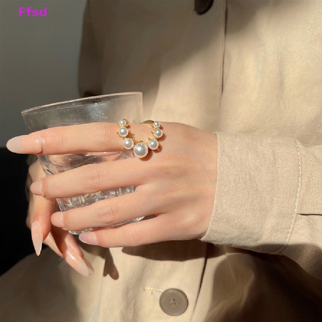 {Ffsd} Nhẫn Hở Đính Ngọc Trai Lớn Hình Học Cá Tính Có Thể Điều Chỉnh Làm Quà Tặng Bán Chạy Cho Nữ