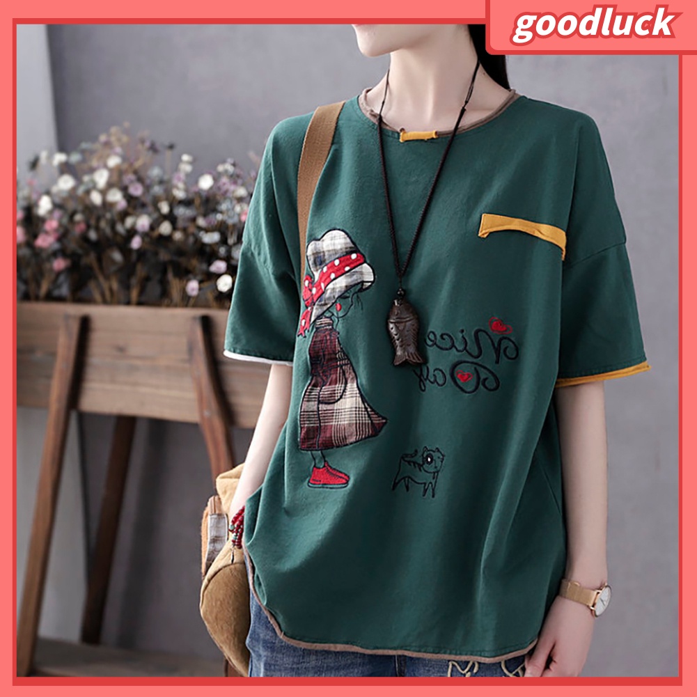 Áo Thun Cotton Tay Ngắn Cổ Tròn In Hình Mèo Hoạt Hình Dành Cho Nữ