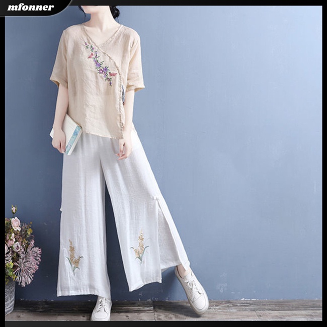 Áo Thun Cotton Lanh Tay Ngắn Dáng Rộng Thêu Hoa Kiểu Retro Thời Trang Mùa Hè Cho Bạn Gái