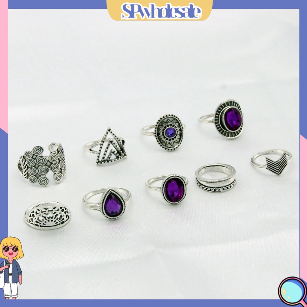 <SPwholesale> Bộ 9 Nhẫn Hợp Kim Đính Đá Tím Nhân Tạo Phong Cách Bohemia