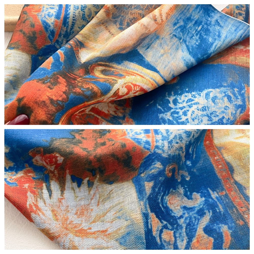Khăn Choàng Cổ Hình Vuông Cỡ Nhỏ Vải Nhung Cotton Lanh In Họa Tiết Tranh Sơn Dầu Kiểu Retro Thời Trang Xuân Thu 65x65cm