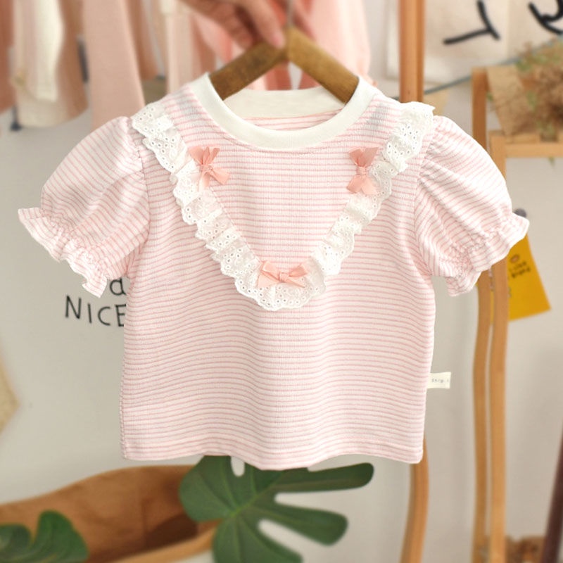 Áo Thun Cộc Tay Kẻ Sọc Ngang Đính Nơ Cho Bé
