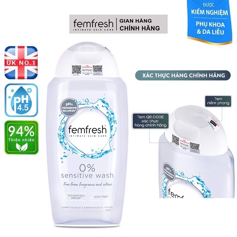 Dung Dịch Vệ Sinh Phụ Nữ Femfresh 0% Sensitive Wash 250ml - Xám