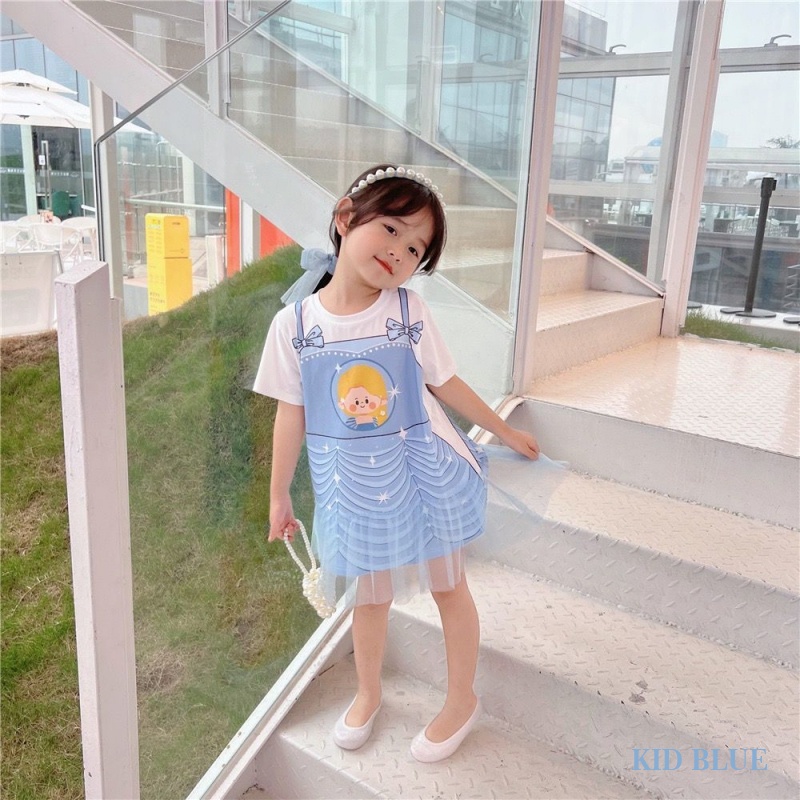 Đầm Thun Tay Ngắn Giả Hai Mảnh Họa Tiết Hoạt Hình Thời Trang Mùa Hè Cho Bé Gái