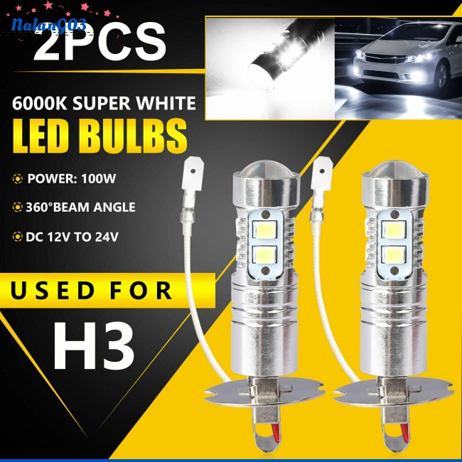 2 Bóng Đèn Led H3 Dc 12v-24v 100w 360 Độ Siêu Sáng 6000k Cho Xe Hơi