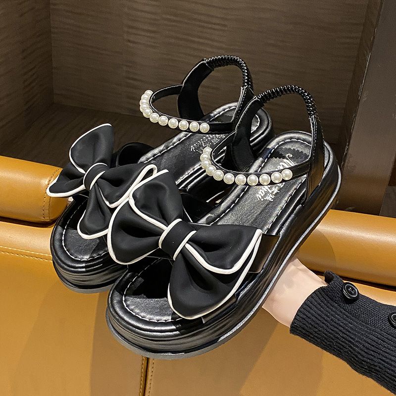 Giày Sandal Đế Dày Hở Ngón Quai Đính Nơ Ngọc Trai Thời Trang Mùa Hè 2023 Phong Cách Roman Cho Nữ