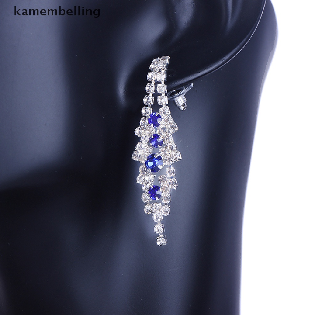 Kamembelling Bộ Vòng cổ + Bông Tai Đính Đá Pha Lê Xanh Dương Hình Chữ V Thanh Lịch Cho Nữ