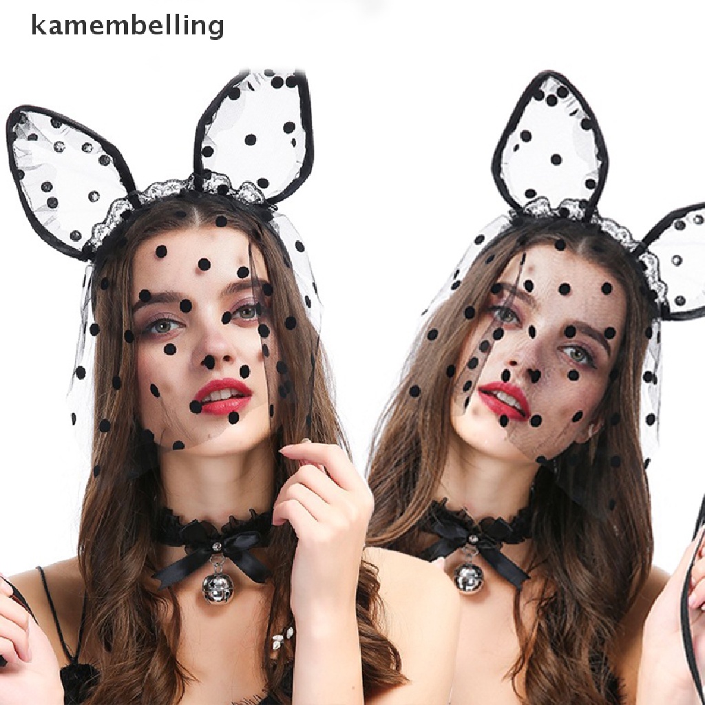 Kamembelling Băng Đô Tai Mèo Bằng Lưới Phối Ren Chấm Bi Đen Gợi Cảm Hóa Trang Tiệc Halloween Cho Nữ