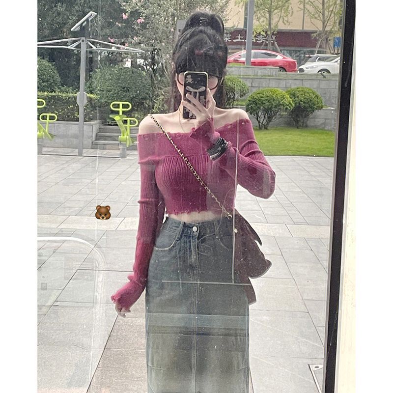 Bộ Áo Dệt Kim Tay Dài Trễ Vai + Chân Váy Denim Dài Thời Trang Mùa Thu Cho Nữ