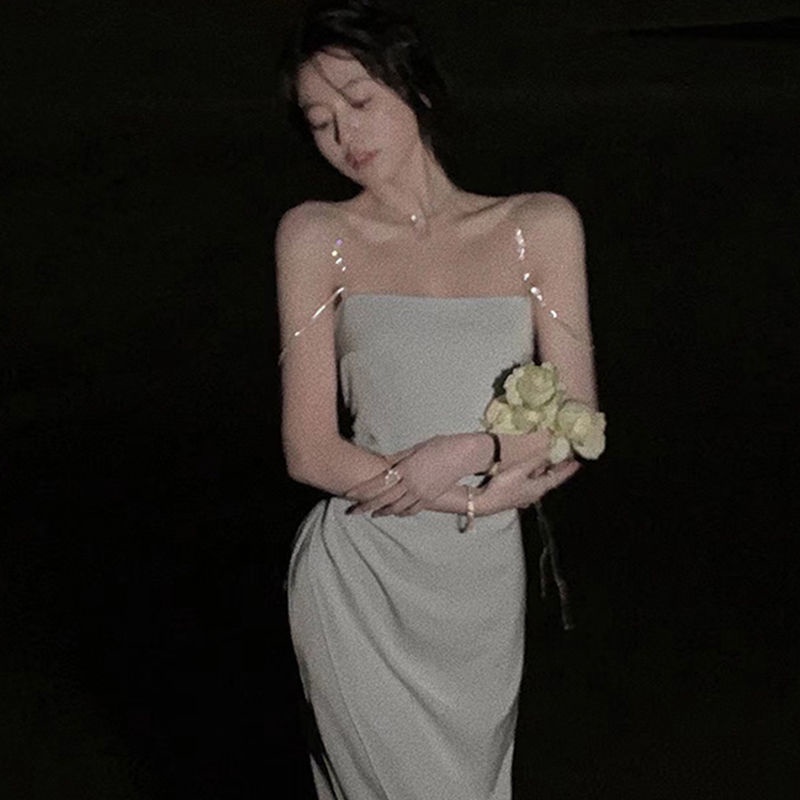 [Đầm Hai Dây] Đầm Satin Xếp Ly Eo Hẹp Cao Thiết Kế Phong Cách Pháp Thời Trang Mùa Hè Mới Cho Nữ