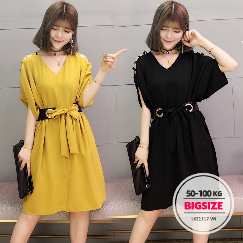 Đầm Bigsize Váy nữ dáng suông tay ngắn cổ chữ v hở vai che bụng mỡ ôm eo mùa hè Phong cách Hàn Quốc Thời Trang tiểu thư cá tính xinh đẹp cho người mập béo