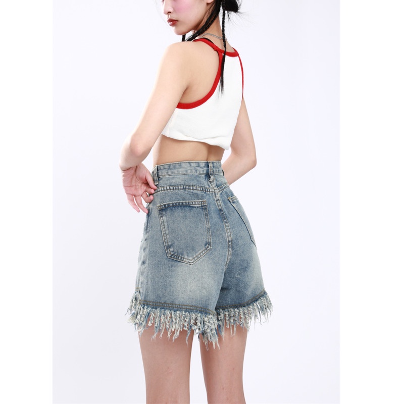 Quần Short Denim Lưng Cao Thời RENJIANVSHENG Trang Cá Tính Cho Nữ