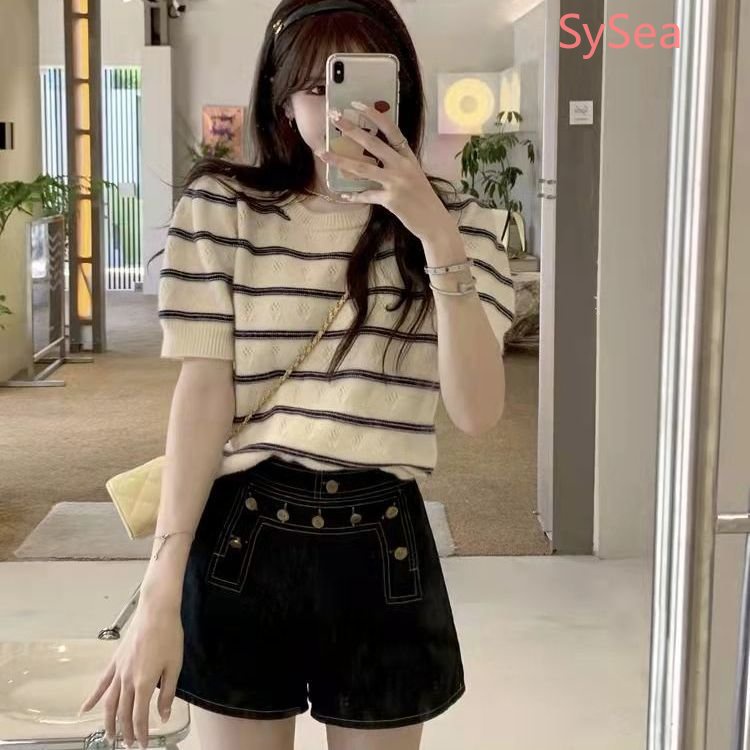 Áo Dệt Kim Cổ Tròn Họa Tiết Kẻ Sọc Thời Trang Mùa Hè Hàn Quốc Cho Nữ
