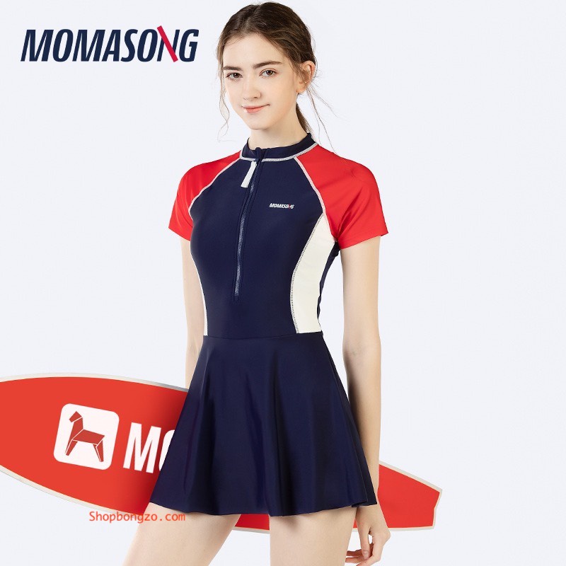 [Ảnh thật] [Chính hãng] Bộ bơi nữ cộc xanh than, chân váy, tay đỏ, Momasong