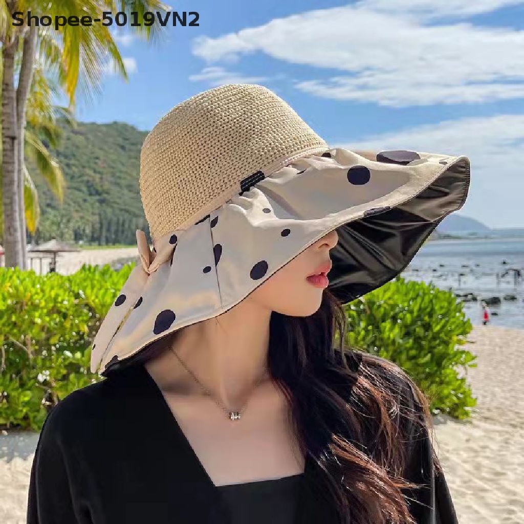 1 Mũ Cói Rộng Vành Chống Nắng Tia UV Màu Đen Thời Trang Mùa Hè Cho Nữ