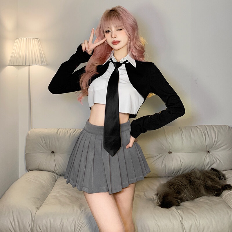 Áo Croptop Tay Dài Cổ Polo Dáng Ôm Thời Trang Ngọt Ngào Cho Nữ Puss Y2K