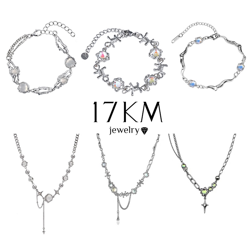 Vòng cổ choker 17KM mạ bạc tua rua đính đá mặt trăng opal nhân tạo thời trang ngọt ngào dành cho nữ