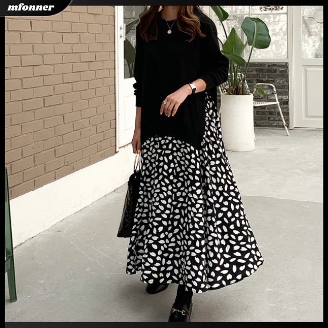 Đầm Thun Dài Tay Cổ Tròn Dáng Chữ A In Họa Tiết Thời Trang Cho Nữ