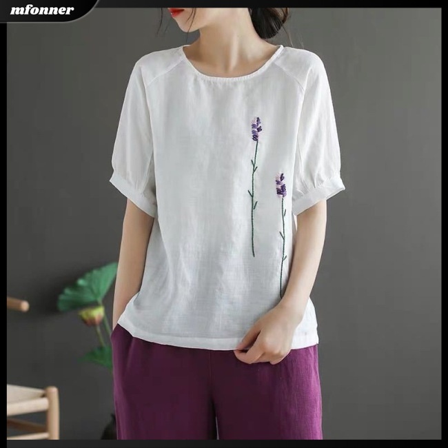 Áo Kiểu Tay Ngắn Chất Liệu Cotton Lanh Thêu Họa Tiết Hoa Phong Cách Cổ Điển Cho Nữ