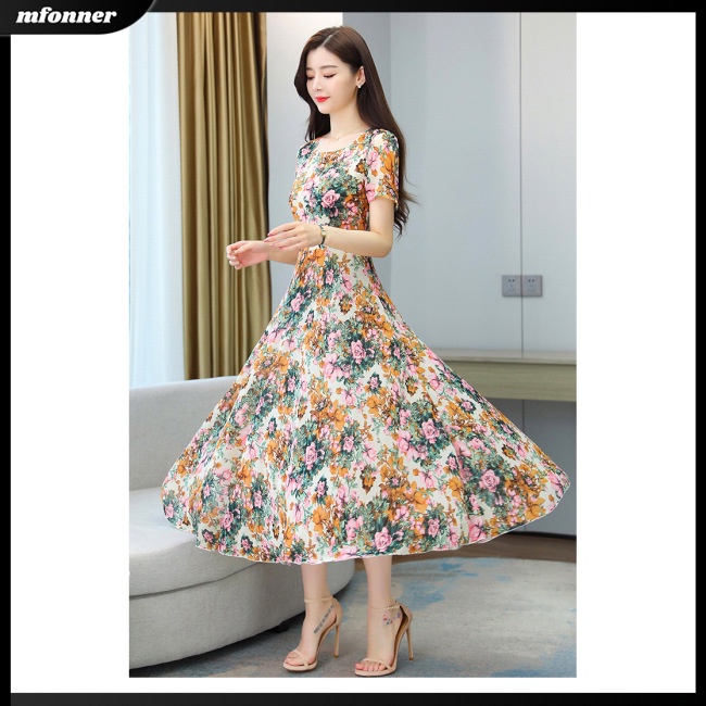 Đầm Hoa Tay Ngắn Cổ Tròn Thoáng Khí Thời Trang Xuân Hè Cho Nữ