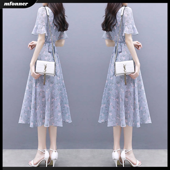 Đầm Dáng Chữ A Tay Ngắn Cổ Tròn in Hoa Thời Trang Mùa Hè Cho Nữ