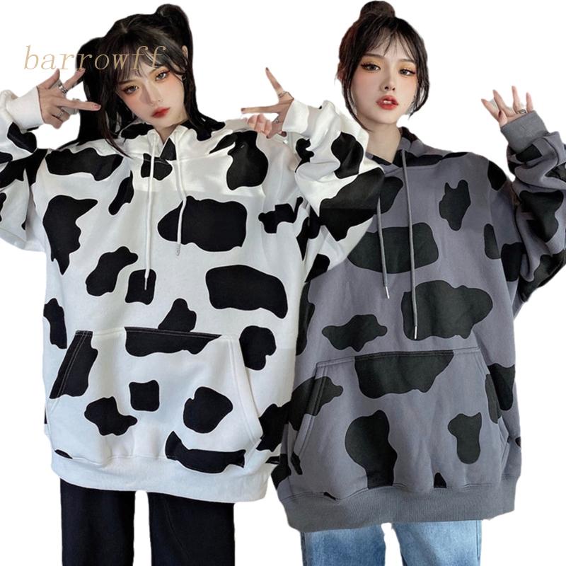 Áo Hoodie Dây Rút Tay Dài Dáng Rộng In Họa Tiết Bò Sữa Dễ Thương Phong Cách Harajuku Cho Nữ