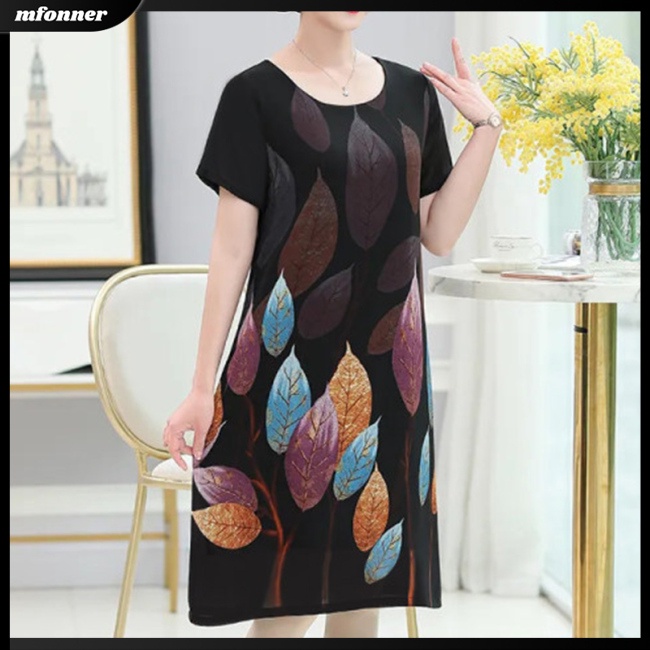 Đầm Midi Tay Ngắn Cổ Tròn Dáng Chữ A Vải Lụa Lạnh In Hoa Thời Trang Cho Bạn Gái