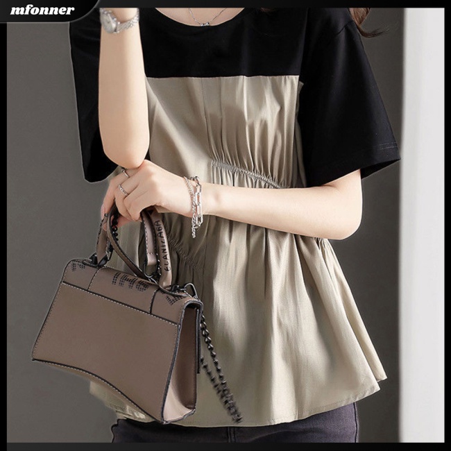 Áo Thun Tay Ngắn Cổ Tròn Dáng Rộng Màu Sắc Tương Phản Phong Cách Retro Dành Cho Nữ