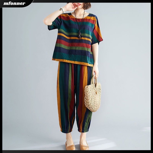 Bộ Trang Phục 2 Mảnh Gồm Áo Tay Ngắn Kẻ Sọc + Quần Harem Thân Thiện Với Da Cổ Tròn Thời Trang