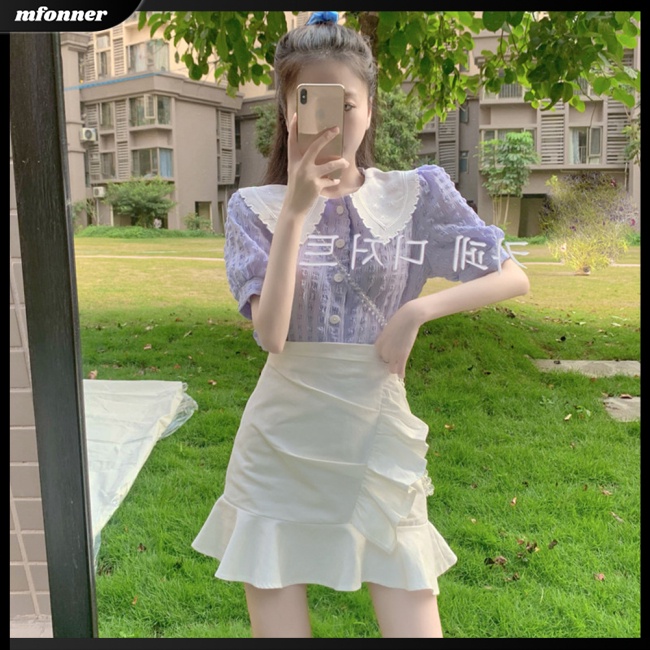 Áo Sơ Mi Cotton Tay Phồng Ngắn Cổ Búp Bê Phong Cách Retro Pháp Cho Nữ