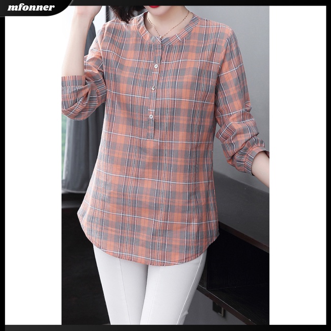 Áo Sơ Mi Cotton Lanh Tay Dài Cổ Tròn Kẻ Sọc Nhiều Màu Thoáng Khí Phong Cách Retro Cho Nữ