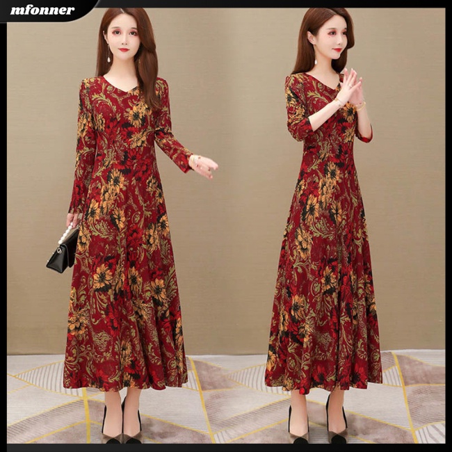 Đầm Dáng Chữ A Tay Dài Dáng Rộng Cổ Chữ V In Hoa Kiểu Retro Nữ Tính