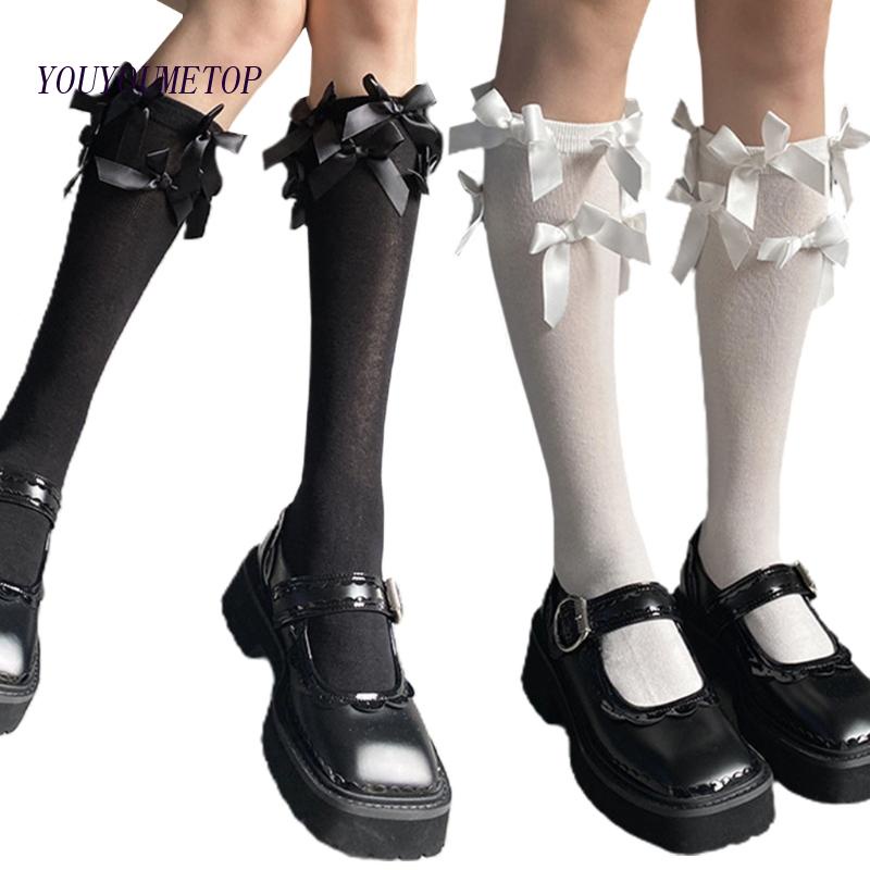 Tất Nữ Dài Qua Gối Vải Satin Phối Nơ Phong Cách Lolita