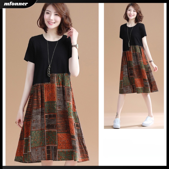 Đầm Midi Tay Ngắn Cổ Tròn Dáng Rộng Họa Tiết Kẻ Sọc Thời Trang Mùa Hè Xinh Xắn Cho Nữ