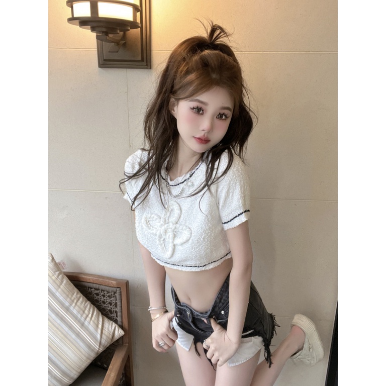 Áo Croptop Dệt Kim Tay Ngắn Cổ Tròn Dáng Ôm In Họa Tiết Thời Trang Mùa Hè Hàn Quốc Quyến Rũ Cho Nữ