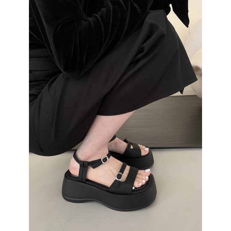 Giày Sandal Bằng Da PU Đế Bằng 4CM Hở Ngón Màu Trơn Thời Trang Mùa Hè Dành Cho Nữ