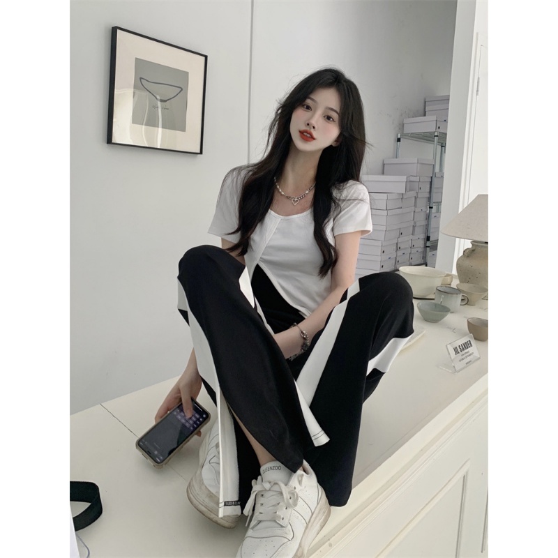 Quần Dài Lưng Cao Ống Rộng Xẻ Tà Màu Trắng Đen Phong Cách Retro