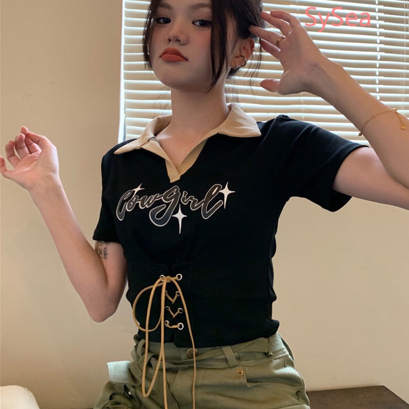 Áo Sơ Mi Cổ Bẻ Rút Dây In Họa Tiết Phong Cách Hàn Quốc Thời Trang Mùa Hè Cho Nữ