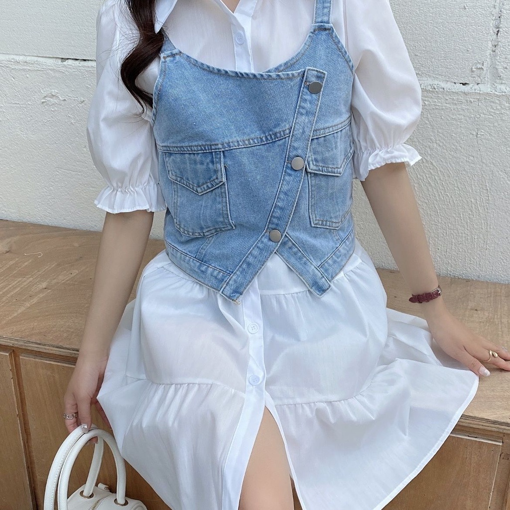 Bộ Áo Sơ Mi Denim + Đầm Hai Dây Màu Sắc Tươi Sáng Phong Cách Hàn Quốc Thời Trang Mùa Xuân 2023 Cho Nữ