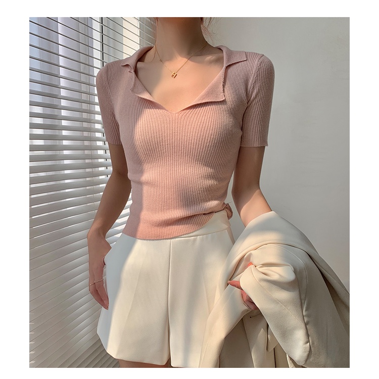 SUXI Áo polo Dệt Kim Tay Ngắn Cổ V Dáng Ôm Thiết Kế Đơn Giản Cho Nữ