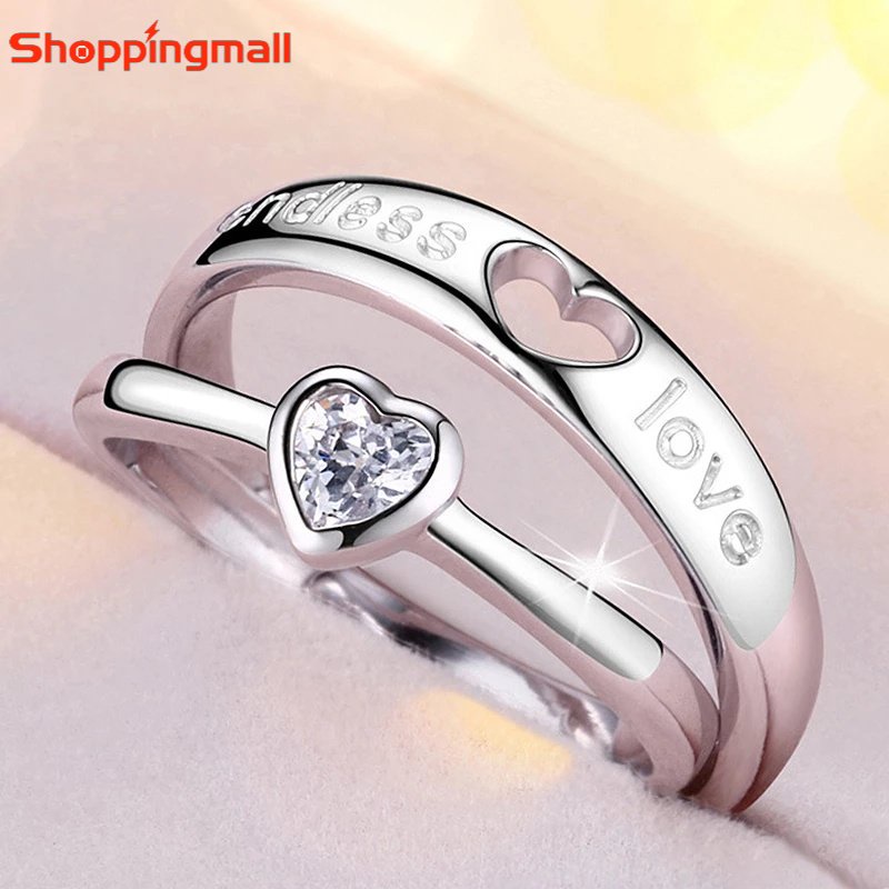Bộ 2 Nhẫn Hở Có Thể Điều Chỉnh Đính Đá Zircon Hình Trái Tim Cho Cặp Đôi