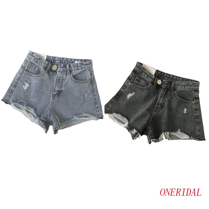 Quần Short Denim Lưng Cao Ống Rộng Phối Tua Rua Rách Cá Tính Cho Nữ