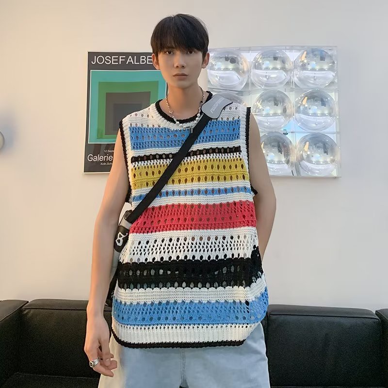 Áo Ba Lỗ Dệt Kim Vải Len Cổ Tròn Dáng Rộng Phong Cách Harajuku Trẻ Trung Thời Trang Mùa Hè Mới Cho Nam