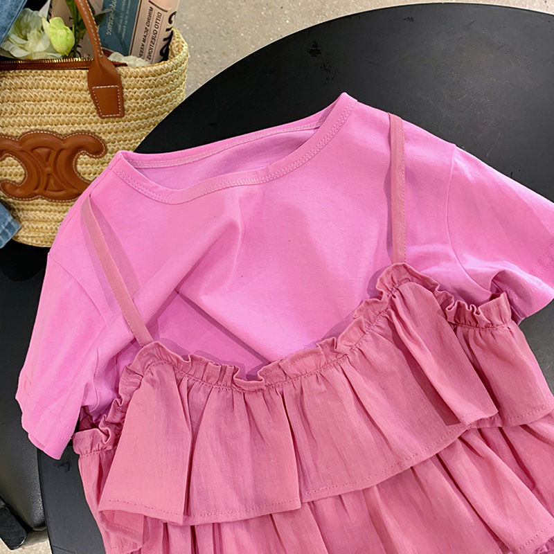 Áo Thun Tay Ngắn Giả Hai Lớp Màu Hồng Xinh Xắn Cho Bé Gái 1-6 Tuổi