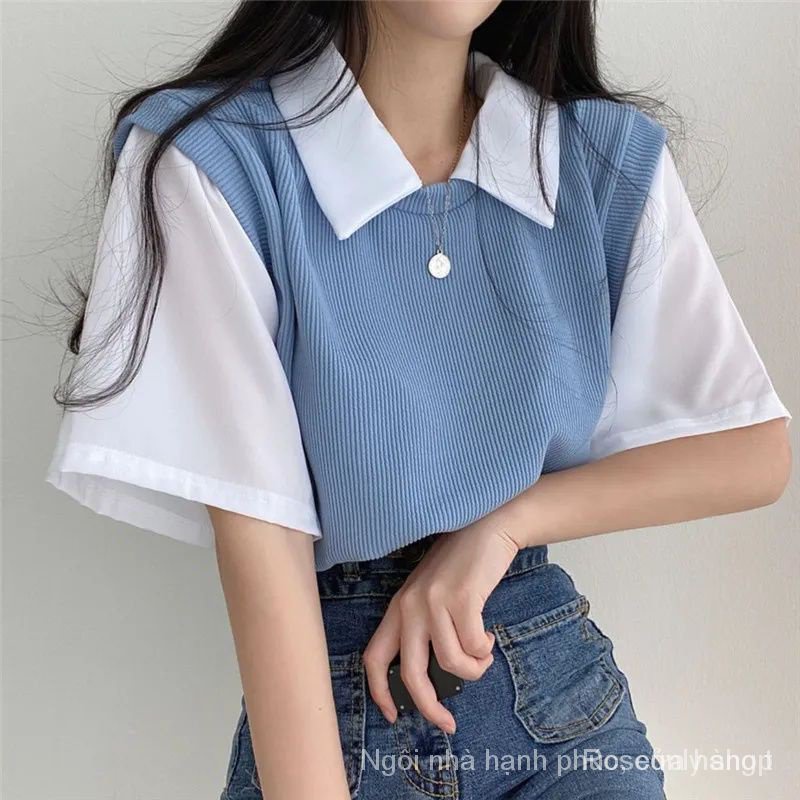 Áo Thun polo Ngắn Tay Giả Hai Lớp Phong Cách preppy Thường Ngày Dành Cho Nữ