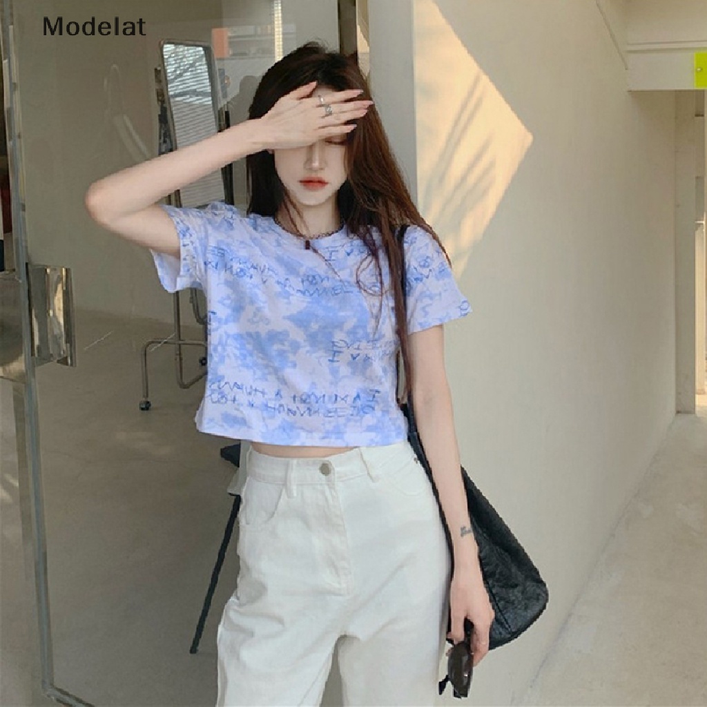 Áo Thun Crop Top Tay Ngắn Cổ Tròn Nhuộm Màu Thời Trang Mùa Hè Cho Nữ